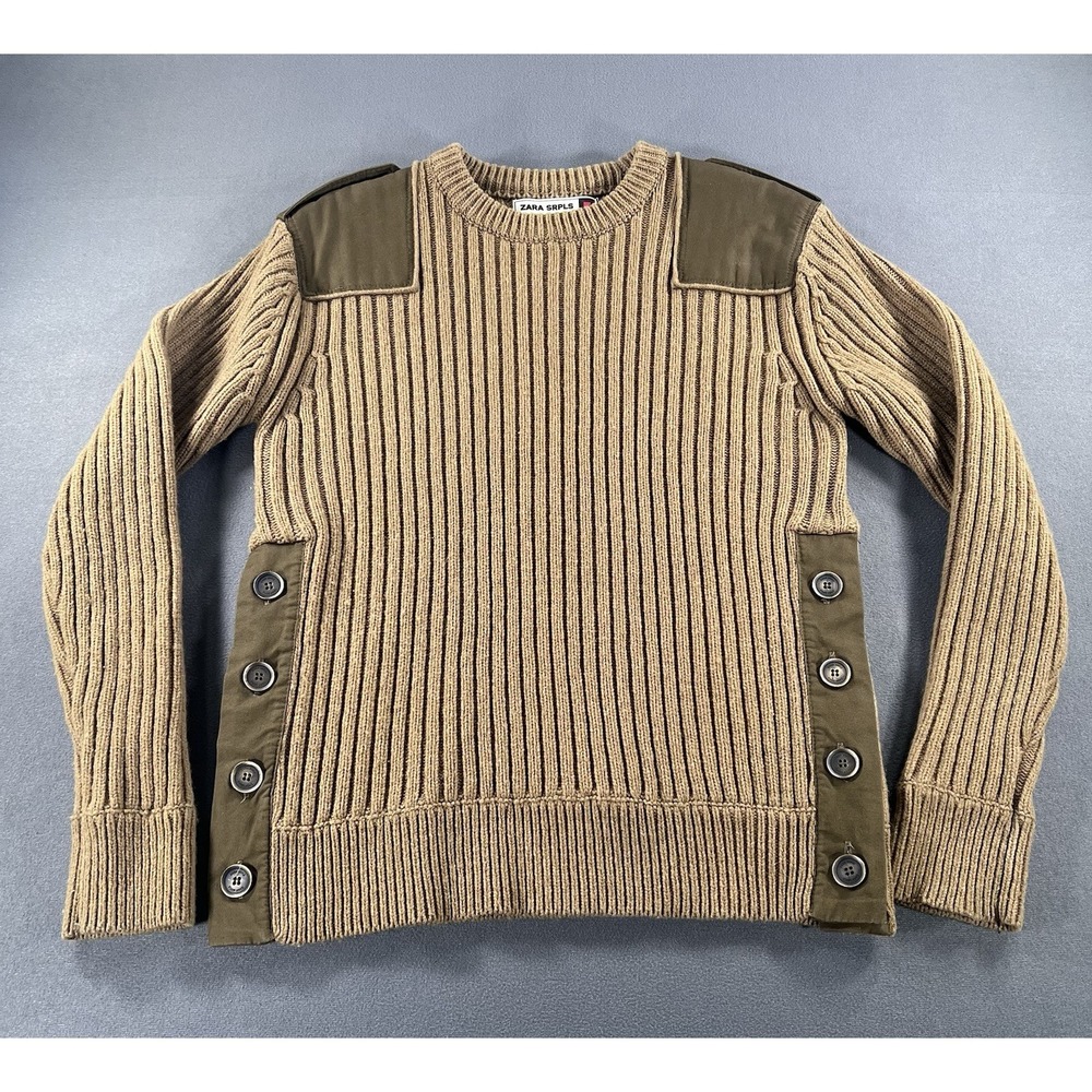 ZARA SRPLS Military Commando Khaki Olive Ribbed Patch Wool Sweater Men's Large